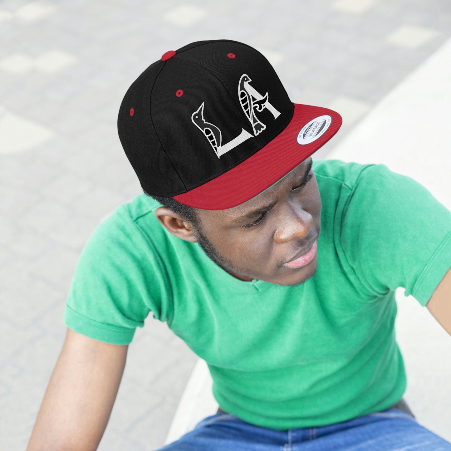 Green Underbill Black-RED Flat Bill Hat with Greyscale LA Logo